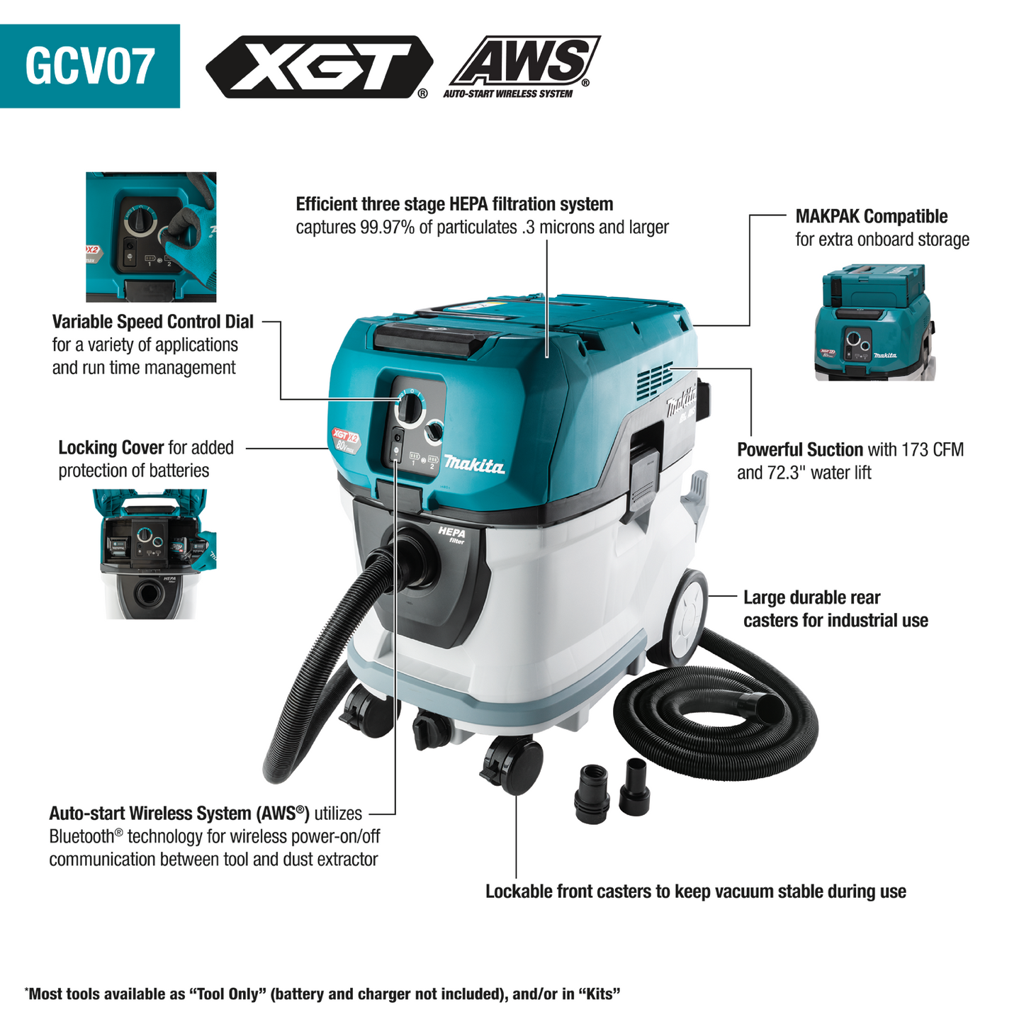 Makita 80V maxXGT Brushless Cordless 10 Gallon HEPA Filter Wet/Dry Dust Extractor/Vacuum Kit, AWS - GCV07PMU