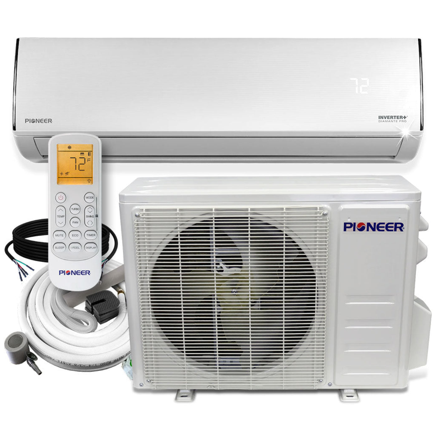 Pioneer Diamante Pro Series 24,000 BTU 19 SEER2 Ductless Mini-Split Air Conditioner Inverter+ Heat Pump Full Set 230V with 16 Ft. Kit - WYT024GLFI19RL