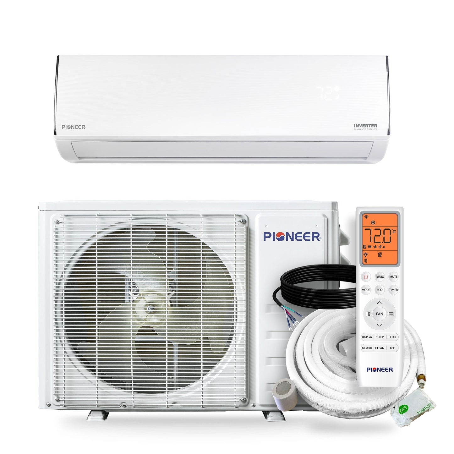 Pioneer Diamante Essenza 11,500 BTU 17 SEER2 230V High-Wall Ductless Mini-Split Air Conditioner Inverter Heat Pump with 16 Ft. Kit - WYT012GLUI17RL