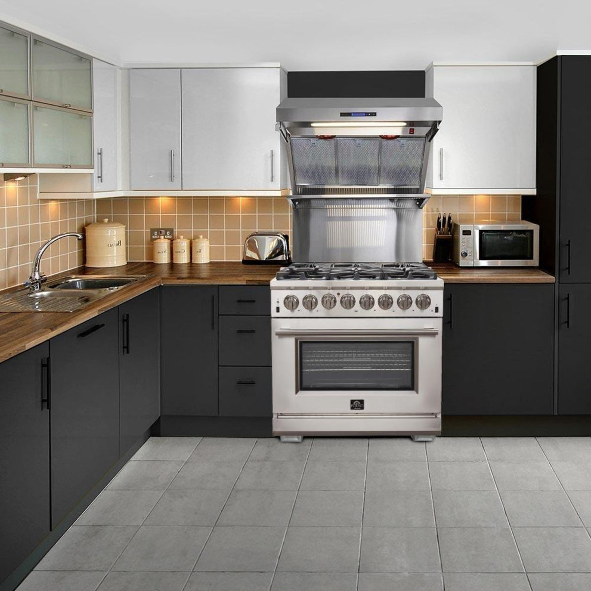 Forno 4-Piece Appliance Package - 36-Inch Dual Fuel Range, Refrigerator, 24-Inch Microwave Drawer, & 3-Rack Dishwasher in Stainless Steel - AP4-6156-36-MWD