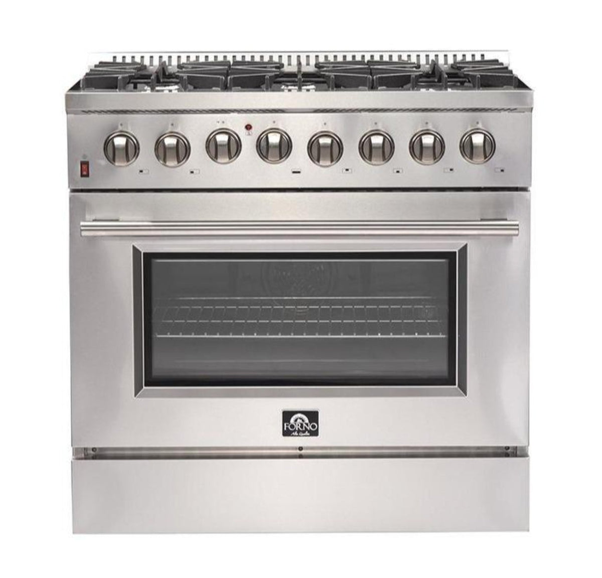 Forno 4-Piece Appliance Package - 36-Inch Dual Fuel Range, Refrigerator, Wall Mount Hood with Backsplash, & 3-Rack Dishwasher in Stainless Steel - AP4-6156-36