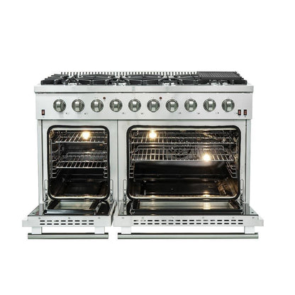Forno 4-Piece Appliance Package - 48-Inch Gas Range, Refrigerator, 24-Inch Microwave Drawer, & 3-Rack Dishwasher in Stainless Steel