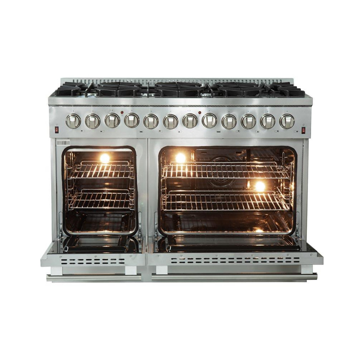 Forno 5-Piece Appliance Package - 48-Inch Dual Fuel Range, 60-Inch Pro-Style Refrigerator, Wall Mount Hood, 24-Inch Microwave Drawer, & 3-Rack Dishwasher in Stainless Steel - APD5-6156-48-H-MWD
