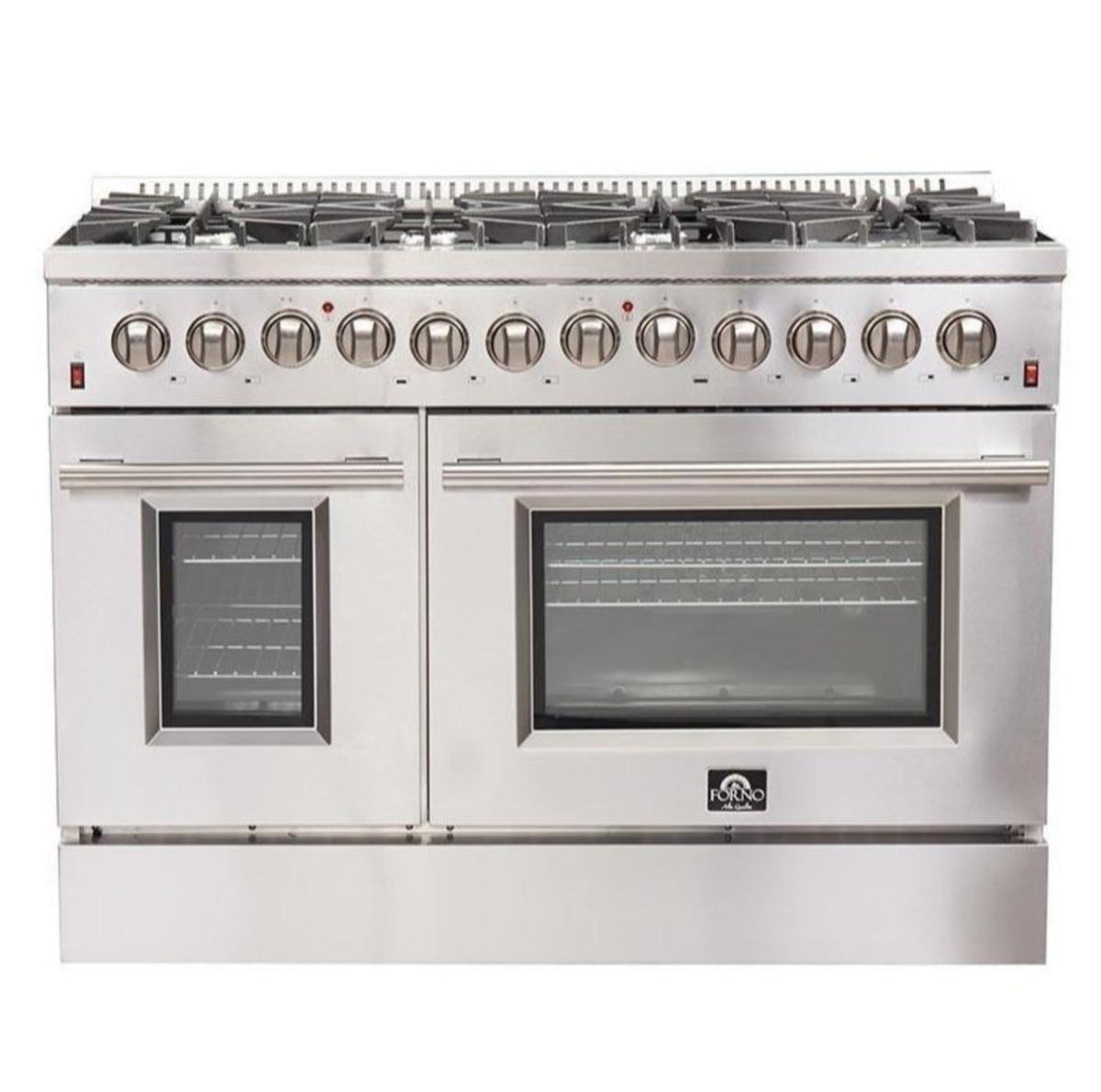 Forno 5-Piece Appliance Package - 48-Inch Dual Fuel Range, 60-Inch Pro-Style Refrigerator, Wall Mount Hood, 24-Inch Microwave Oven, & 3-Rack Dishwasher in Stainless Steel - APD5-6156-48-H-MWO