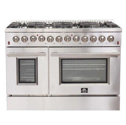Forno 5-Piece Appliance Package - 48-Inch Dual Fuel Range, 60-Inch Pro-Style Refrigerator, Wall Mount Hood, 24-Inch Microwave Oven, & 3-Rack Dishwasher in Stainless Steel - APD5-6156-48-H-MWO