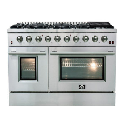 Forno 4-Piece Appliance Package - 48-Inch Gas Range, Refrigerator, Wall Mount Hood, & 3-Rack Dishwasher in Stainless Steel - APR4-6244-48-H
