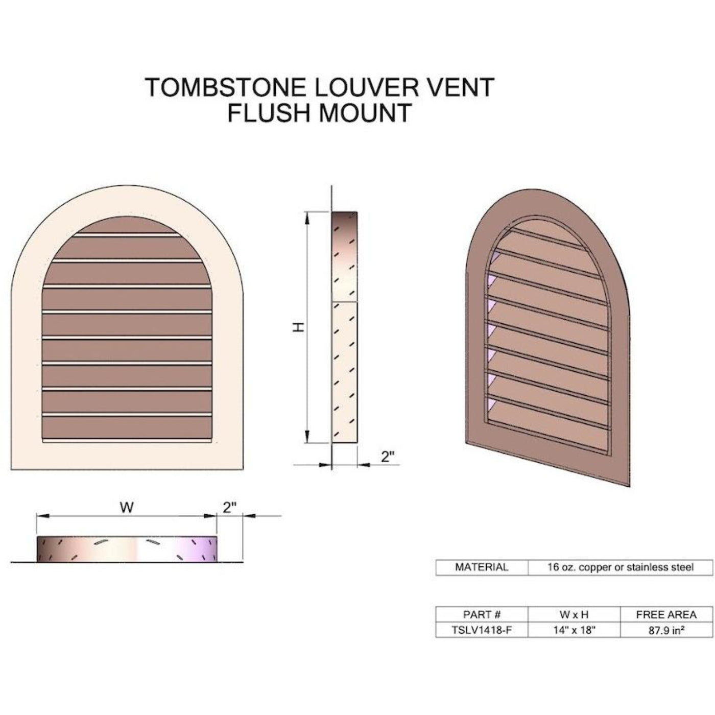 Copperlab Hammered Copper Tombstone Louvered Gable Wall Vent - HCWLVT1218F