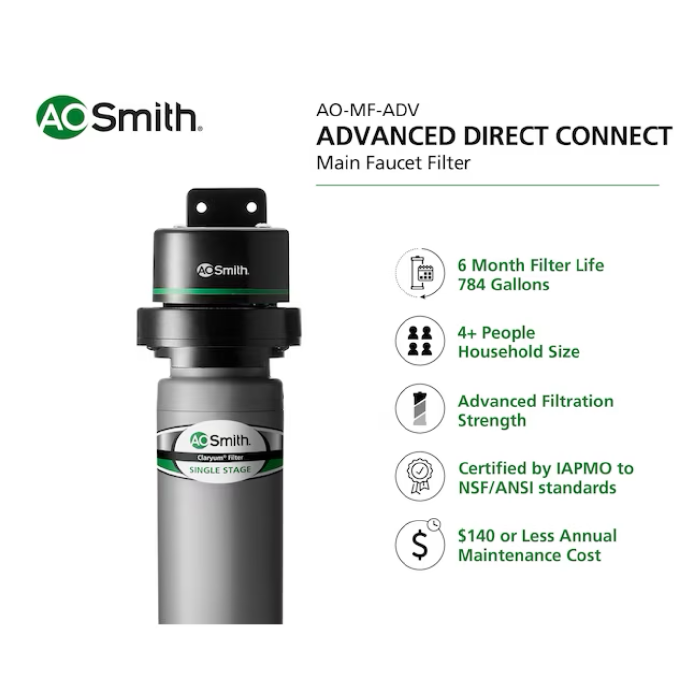 A.O. Smith Advanced Direct Connect Single-stage Carbon Block Under Sink Water Filtration System - Item # 12231962 | Model # AO-MF-ADV