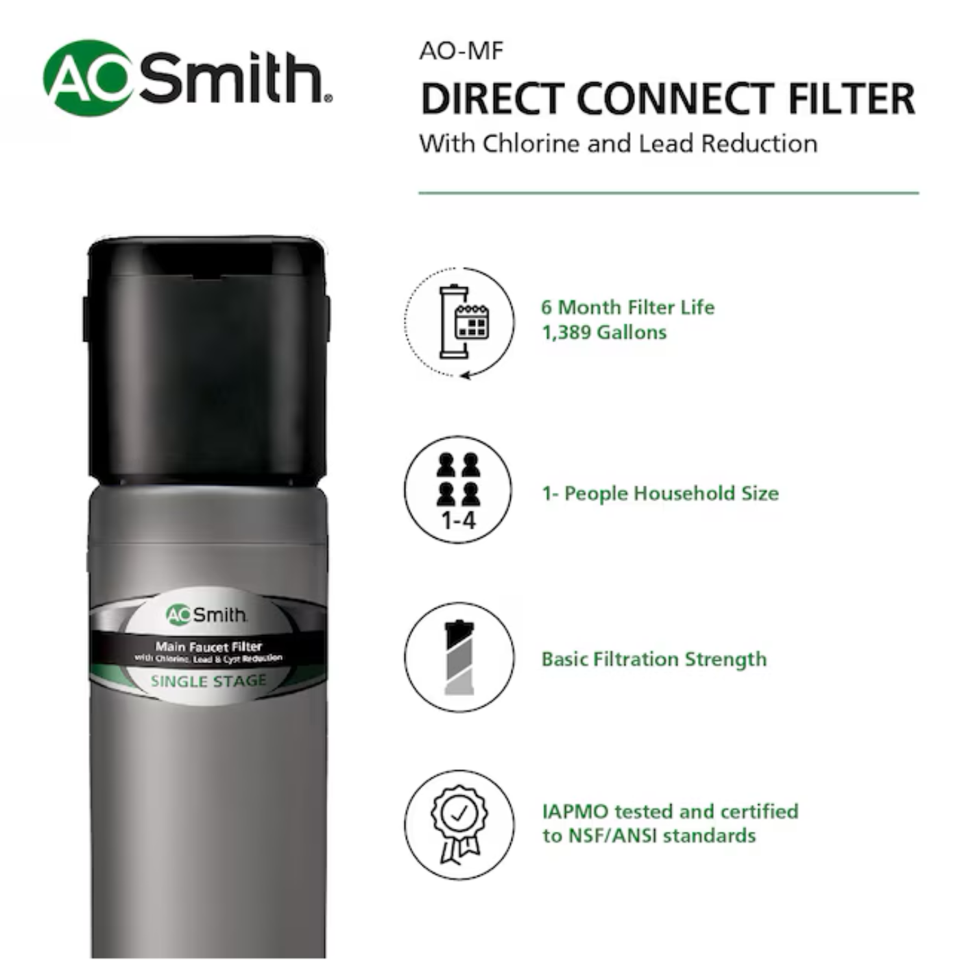 A.O. Smith Direct Connect Single-stage Carbon Block Under Sink Water Filtration System - Item # 12231963 | Model # AO-MF