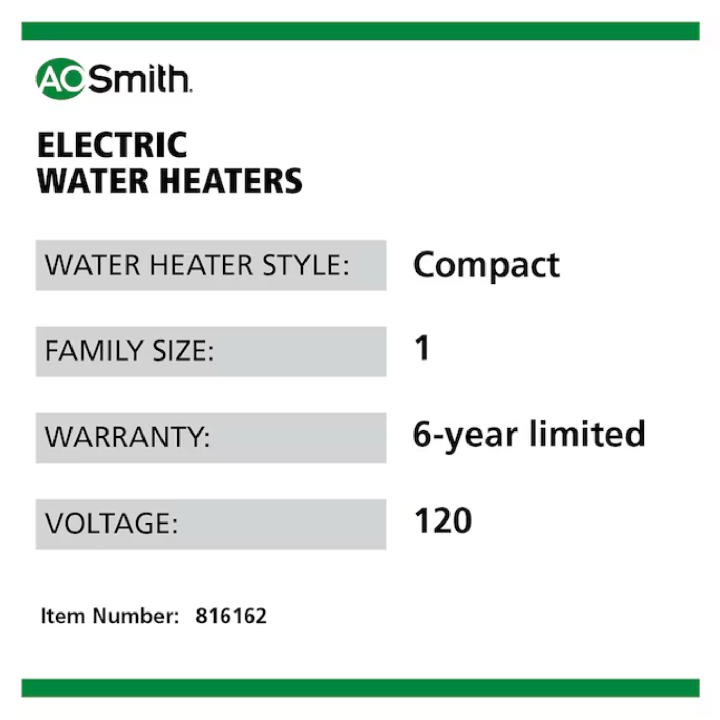 A.O. Smith Signature 100 Series 6-Gallon Compact  Point Of Use Electric Water Heater - Item #816162 | Model #E6-6C15SV