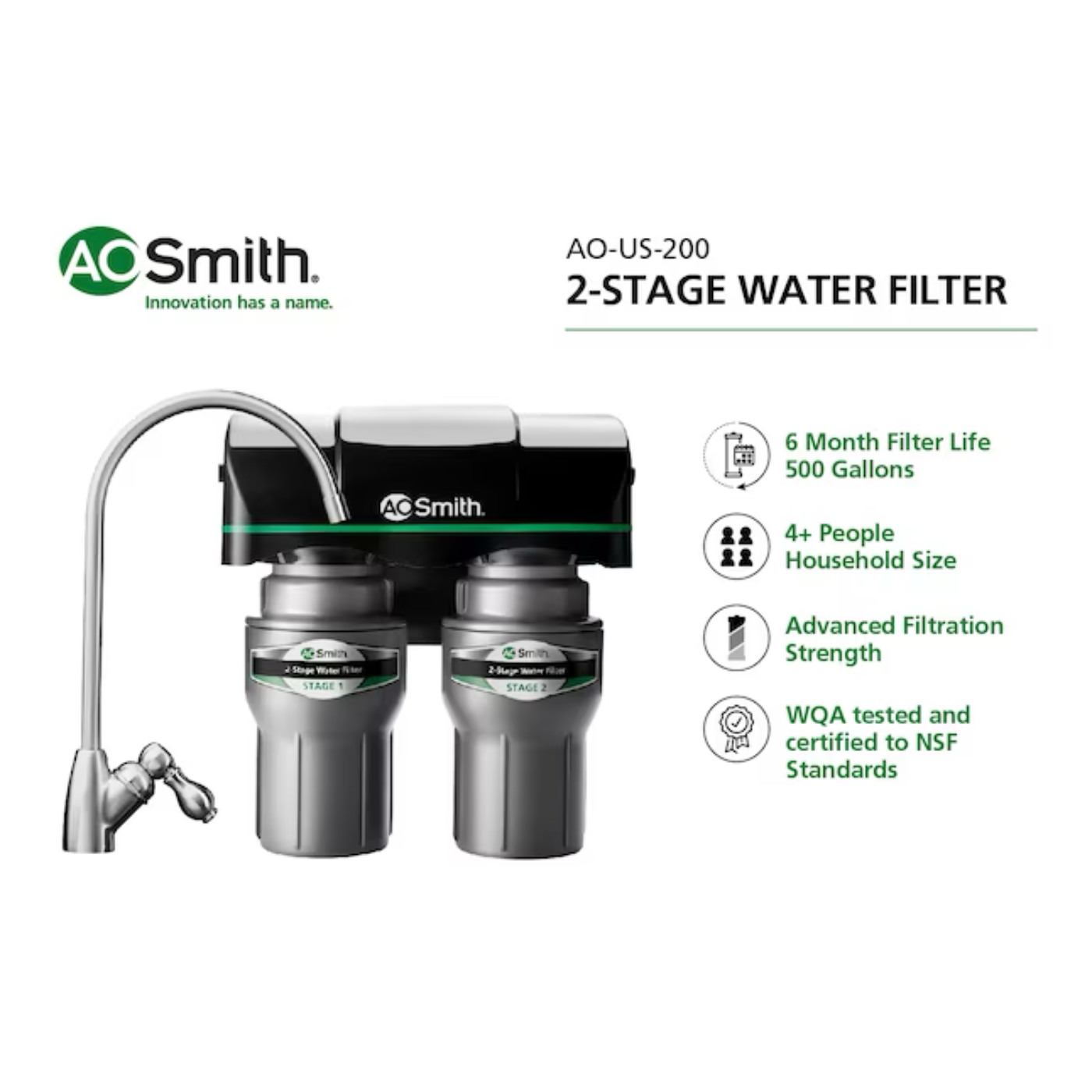A.O. Smith 2-Stage Carbon Block Under Sink Water Filtration System with Brushed Nickel Faucet - AO-US-200
