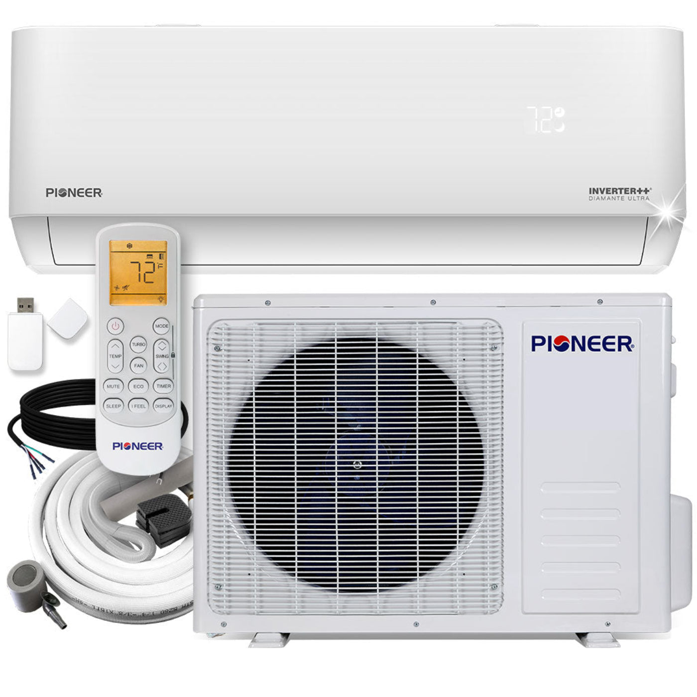 Pioneer Diamante Ultra 18,000 BTU 22 SEER2 Ductless Mini-Split Inverter++ Energy-Star Wi-Fi Air Conditioner Heat Pump Full Set 230V with 16 Ft. Kit - WYT018GLFI22RL