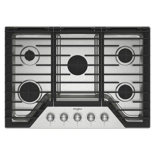 WHIRLPOOL 30-inch Gas Cooktop with 5 Burners and EZ-2-Lift Hinged Cast-Iron Grates in Stainless Steel - WCGK7030PS