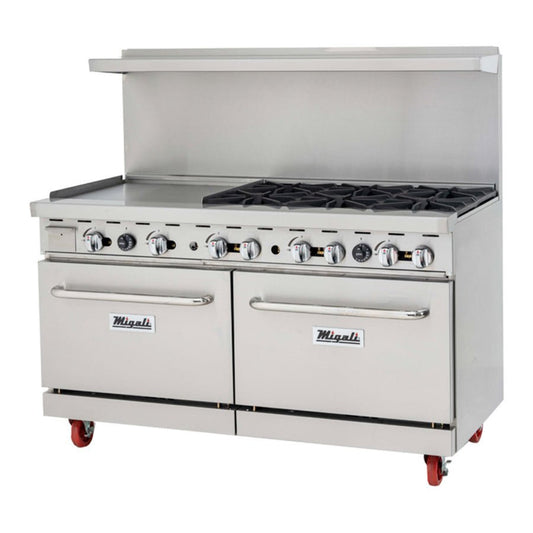 Migali C-RO6B-24GL-NG 60" Natural Gas 6 Burner Range with 2 Ovens with 24" Griddle - 294,000 BTU - C-RO6B-24GL-NG