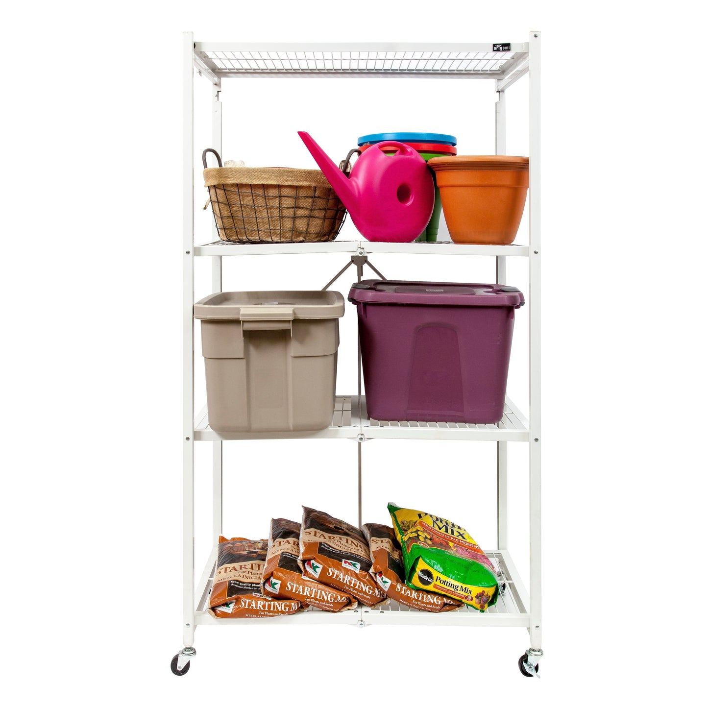 Origami 4-Pack R5-06W 4-Wheel 4-Shelf Folding Steel Wire Shelving Storage, White - 415205