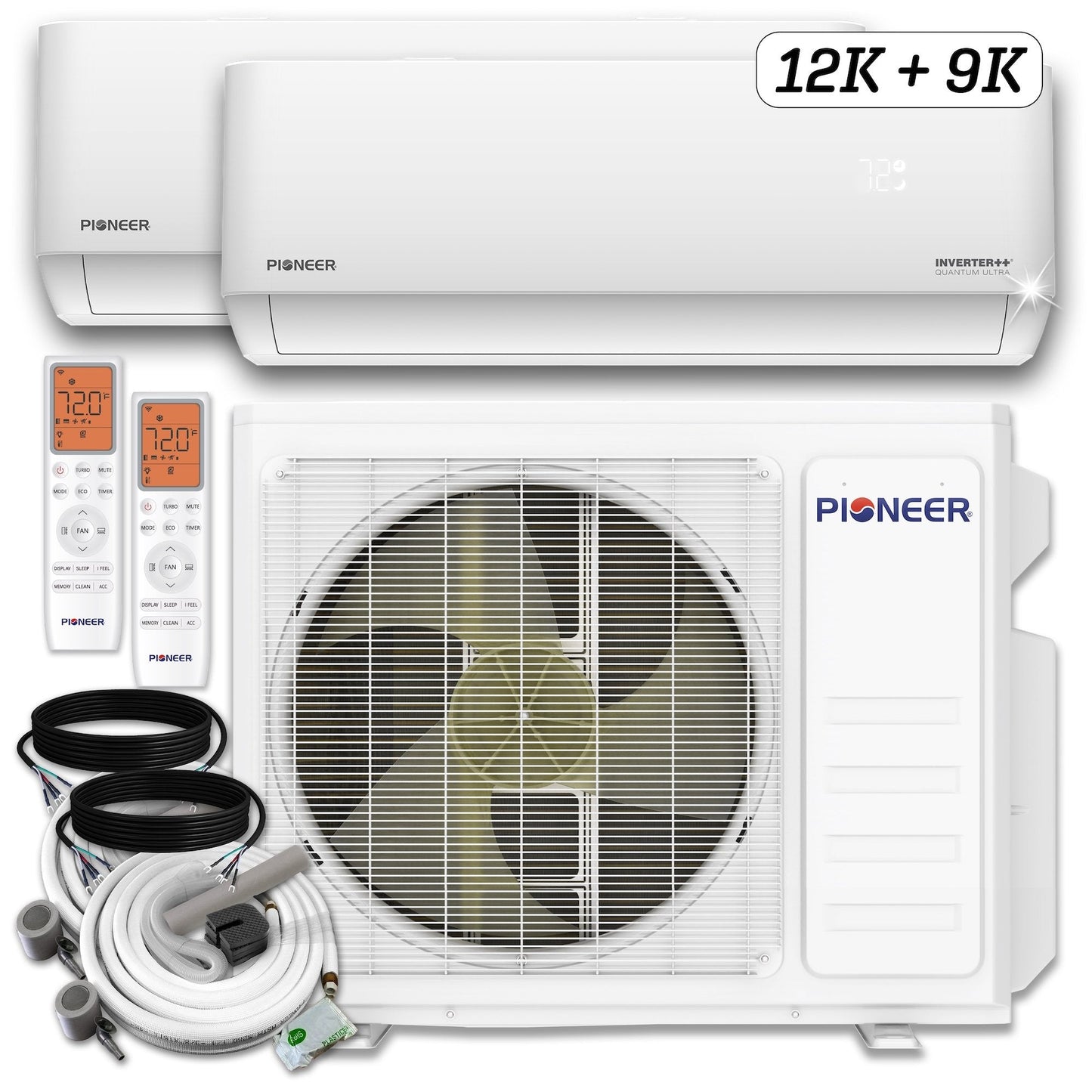 Pioneer Dual Split 21000 BTU 1.5-Ton Quantum Ultra Wi-Fi 24 SEER2 Energy-Star Multi (2) Zone Wall Mount Air Conditioner Heat Pump 230-Volt - WYT020GLSI24M2-12W-9W