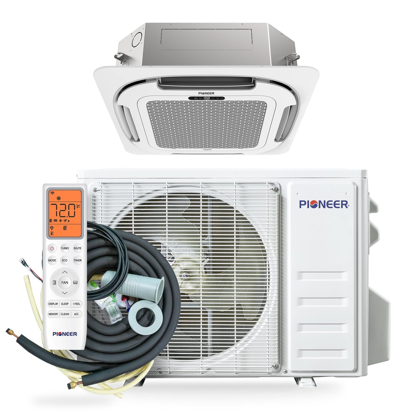 Pioneer Quantum Ultra 9,500 BTU 23 SEER2 230V 8-Way Ceiling Cassette Ductless Mini-Split Air Conditioner Inverter Heat Pump Full Set - CYT009GLSI24RL-10S