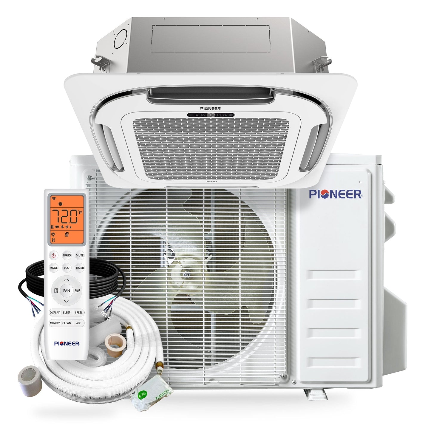Pioneer Quantum Ultra 23,000 BTU 22.5 SEER2 230V 8-Way Ceiling Cassette Ductless Mini-Split Air Conditioner Inverter Heat Pump Full Set - CYT024GLSI24RL-10S