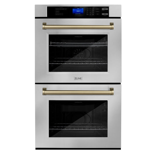 ZLINE 30" Autograph Double Wall Oven with Air Fry and Self-Clean in Stainless Steel and Champagne Bronze Handle,  - WADZ-30-CB