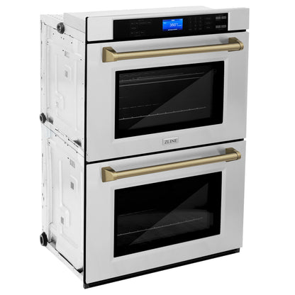 ZLINE 30" Autograph Double Wall Oven with Air Fry and Self-Clean in Stainless Steel and Champagne Bronze Handle,  - WADZ-30-CB